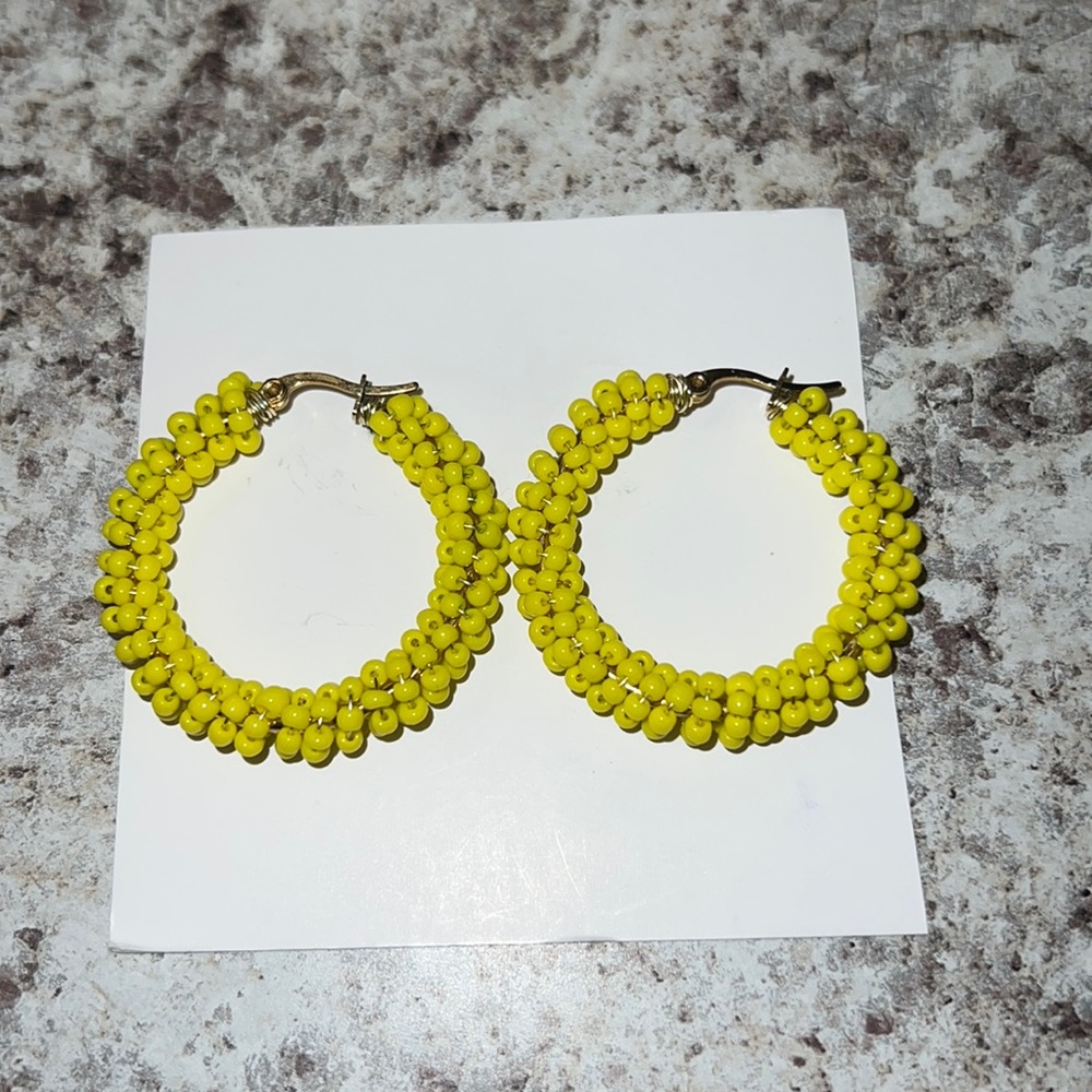 Hand made yellow beaded hoops